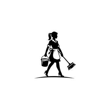 Housemaid woman silhouette holding broom and bucket black and white vector illustration. Cleaning service mascot logo design