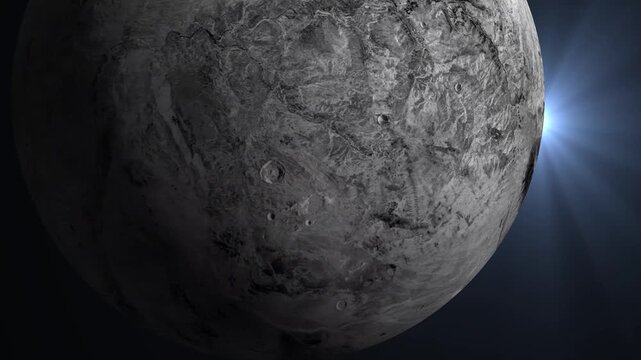 Cinematic view of a  Haumea fictional alien planet in deep space with a bright sun flare sunrise.