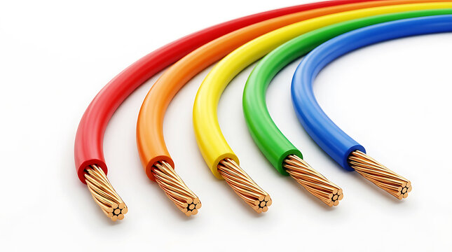 Five colored cables with exposed copper ends, coiled and tangled