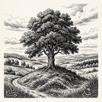 Vintage oak tree sketch, hand drawn landscape illustration, antique woodcut style nature scene, rustic countryside engraving