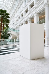 Naklejka premium Empty white pedestal in bright modern hotel atrium