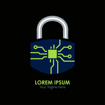Futuristic padlock logo with circuit board core in electric green on deep navy background