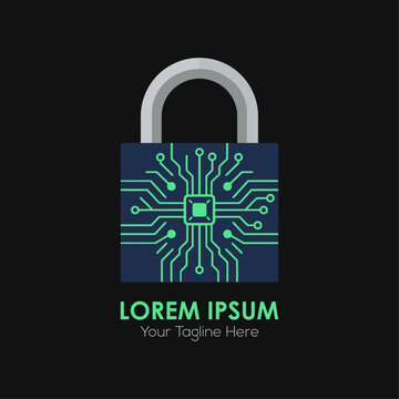 Futuristic padlock logo with circuit board core in electric green on deep navy background