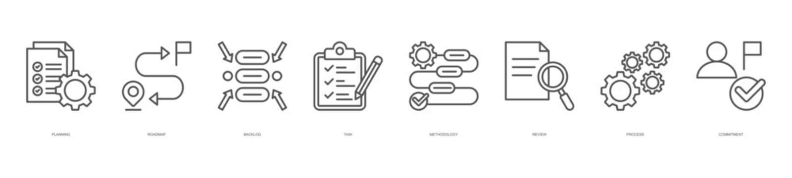 project planning management icon set collection in line style. icon set consist of planning, roadmap, backlog, task, and more. editable stroke