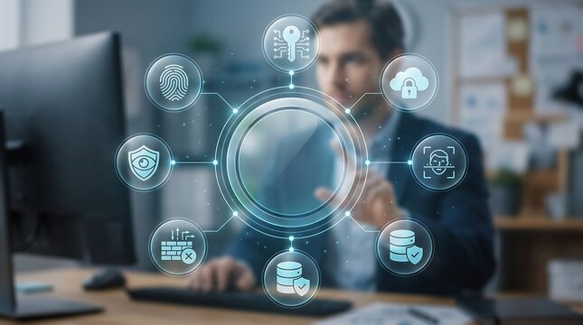 Business professional interacting with digital cybersecurity interface showing cloud protection and biometric authentication icons for secure network data management and enterprise system monitoring