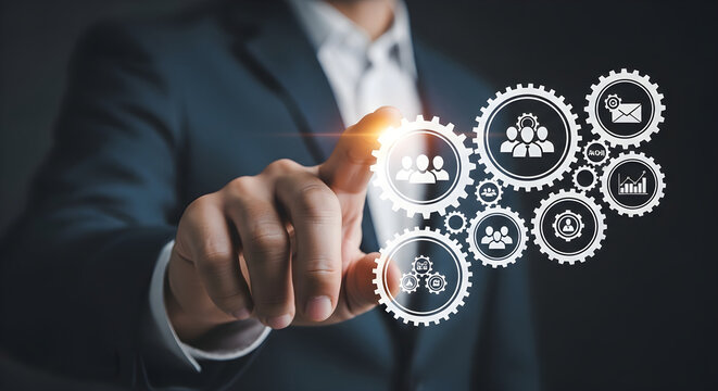 Businessman Touching Digital Gears Interface For Business Process Automation And Strategic Corporate Management Optimization