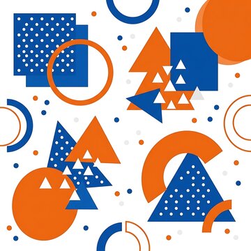 Memphis style geometric pattern, blue and orange abstract shapes, modern graphic background with circles and triangles