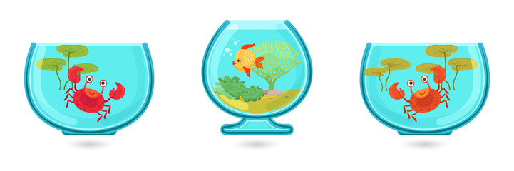 Fototapeta premium Colorful cartoon fish and crabs in glass bowls on transparent background