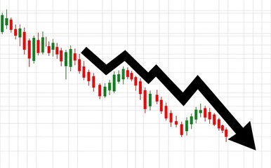Fototapeta premium A black downwrd trending arrow on financial candlestick chart with green and red trading bars