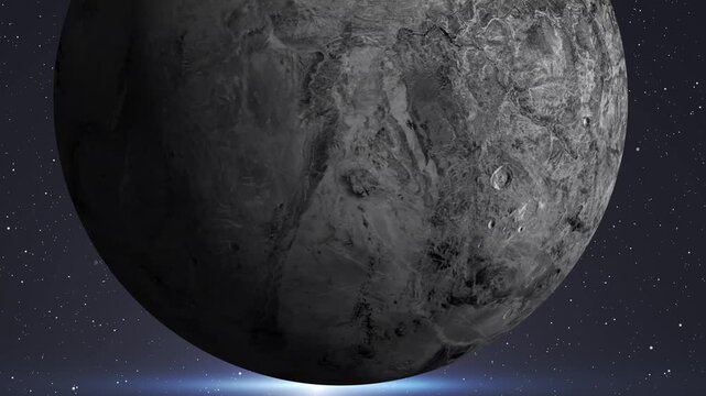 Cinematic view of a Haumea fictional alien planet rotating in deep space with distant star field