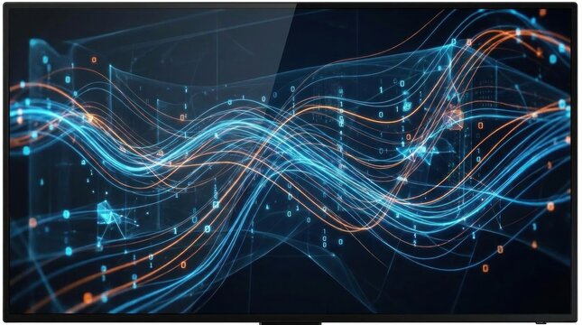 Abstract digital data visualization with blue and orange waves.