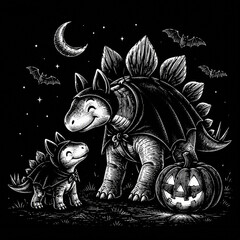Stegosaurus Parent and Baby with Pumpkin, Halloween Vintage Engraving Style Illustration on Black Background © rumahlebah