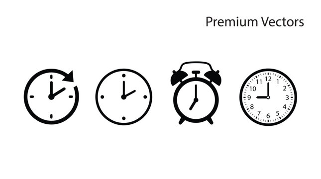 Black and white time and clock icons set showcasing various representations of schedules, deadlines, management, and temporal concepts on white background.