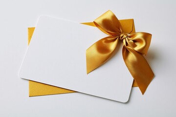 Obraz premium White card on golden envelope with satin bow