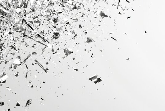 Shattered glass fragments exploding against light background