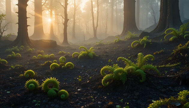 Fiddlehead Ferns Emerging From Misty Forest Floor In Golden Sunrise Light Landscape Image