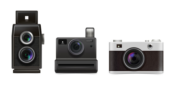 Three vintage instant film cameras for photography enthusiasts and professionals on transparent background
