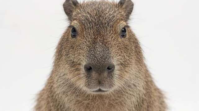 Calm capybara sitting quietly on white background representing exotic South American wildlife concept