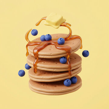A stack of stylized clay pancakes topped with melting butter, syrup, and floating blueberries on yellow background.