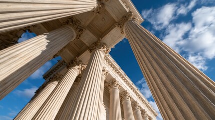 Naklejka premium Grand classical columns against blue sky and clouds
