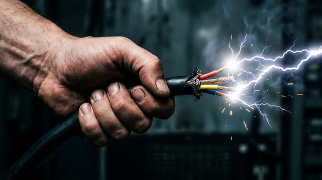 Hand gripping sparking electric wires, danger concept