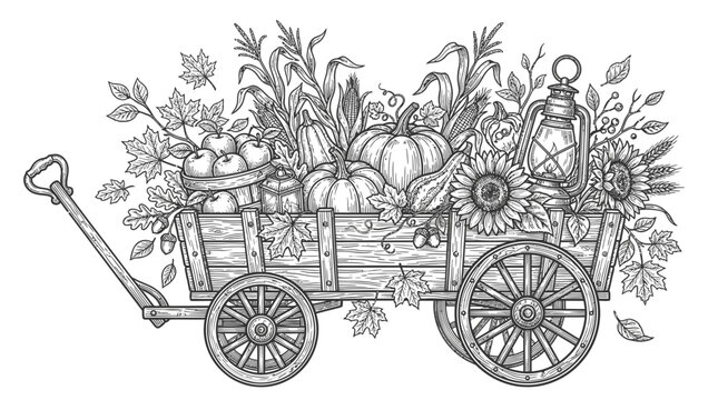 Autumn harvest wagon with pumpkins, apples, corn and sunflowers in vintage sketch style.