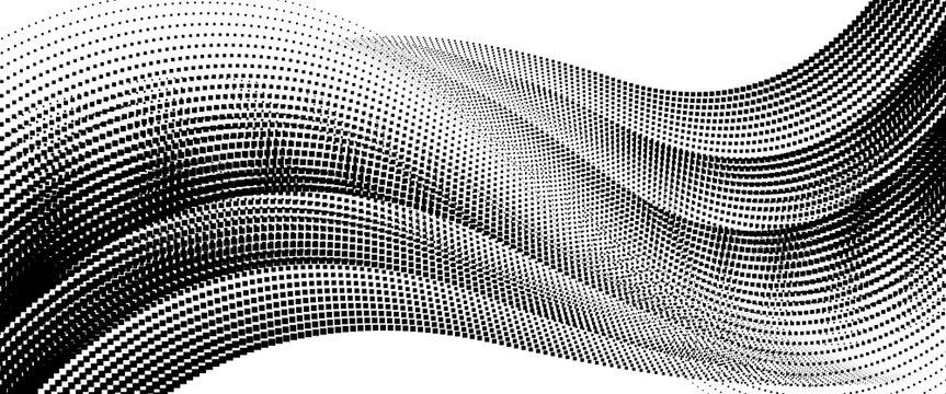 Black halftone dot wave pattern. Abstract grain fluid texture background. Dotted grit curve wallpaper. rasterized undulate swoosh overlay for poster, booklet, banner, brochure, flyer, leaflet. Vector