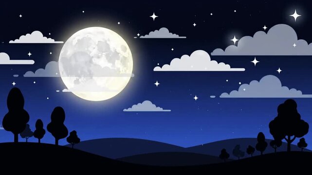 Night landscape with big full moon, twinkling stars, and drifting clouds loop