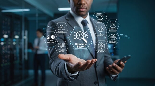 IT professional holding a holographic semantic search and enterprise documents retrieval dashboard.