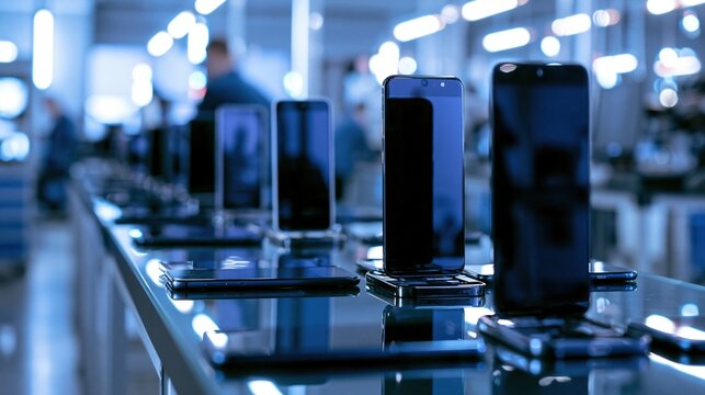 rows of smartphones displayed on glass shelf