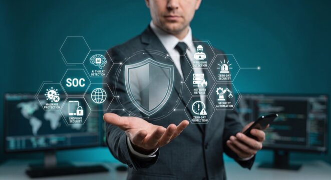 Cybersecurity professional displaying a holographic Security Operations Center (SOC) and threat detection shield.