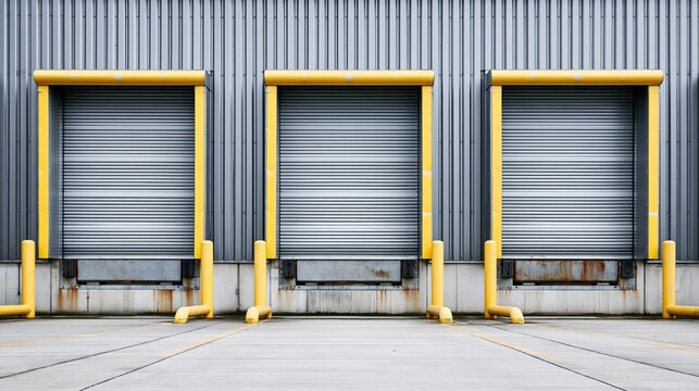 Three closed warehouse loading bays with yellow safety