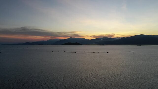 Aerial view of Van Phong Bay, Hon Ong Island and the route to Son Dung Beach in Dai Lanh Commune, Khanh Hoa, Vietnam, showcasing pristine islands, turquoise waters and coastal scenery.