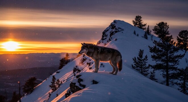 Wolf on snowy mountain at sunset