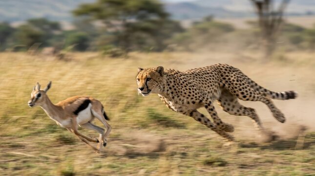 Wild Cheetah Running at Full Speed Hunting a Thomson's Gazelle on the African Grassland