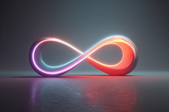 Neon Infinity Symbol with Pink and Orange Glow on Dark Reflective Surface endless loop mathematics