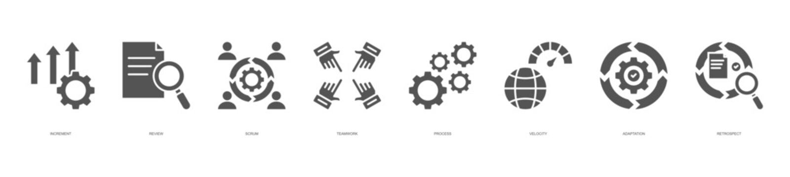 scrum workflow business icon set collection in glyph style. icon set consist of scrum, review, collaboration, teamwork, process, and more. editable stroke