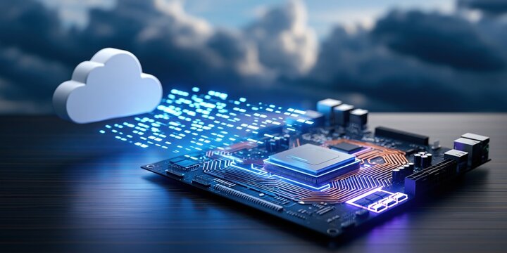 Glowing computer motherboard connecting to floating cloud with