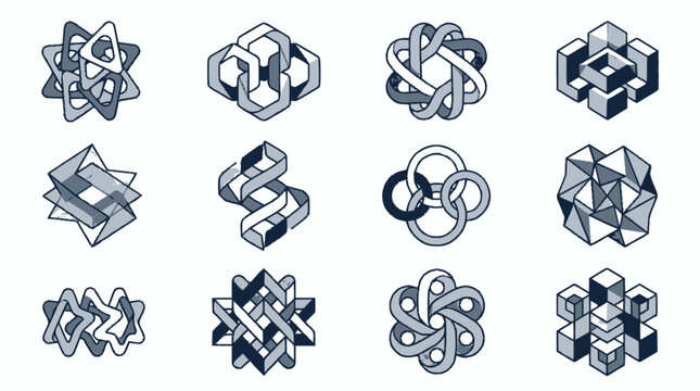 Collection of intricate geometric impossible objects illustration.