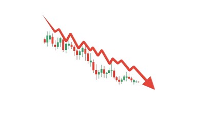 Obraz premium A red downwrd trending arrow on financial candlestick chart with green and red trading bars