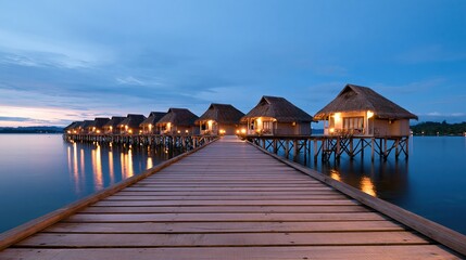 Fototapeta premium Overwater bungalows on wooden pier at twilight