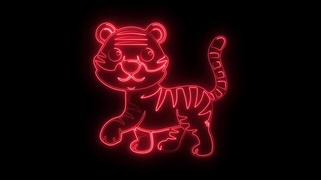 Cartoon tiger outline in glowing red neon on black background 4k video.
