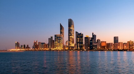 Naklejka premium Modern city skyline at dusk with water reflections