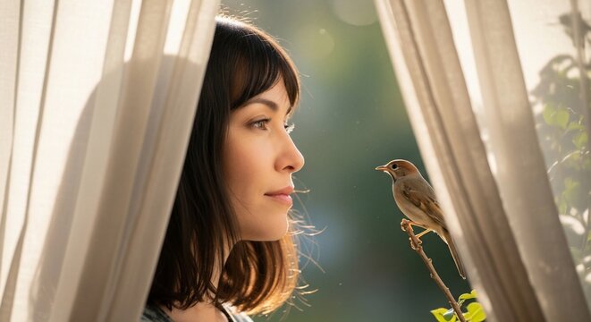 Woman and bird observing sunlight