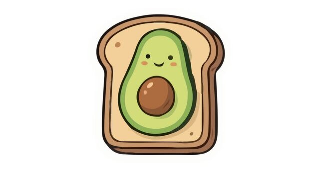 The animation opens with a camera zoom-out revealing a slice of toasted bread topped with a smiling, cut-in-half avocado complete with a large brown pit and rosy cheeks.