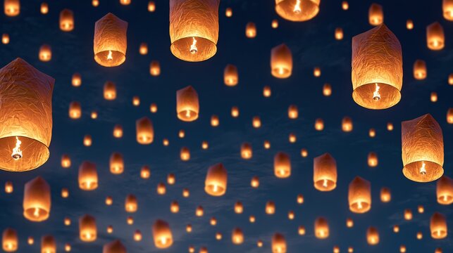 Many paper lanterns floating in night sky