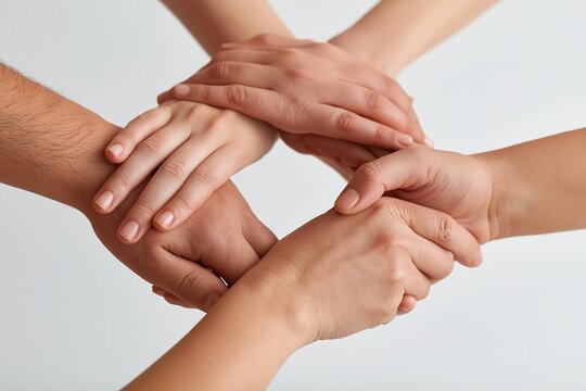 diverse hands stacking together in unity against white