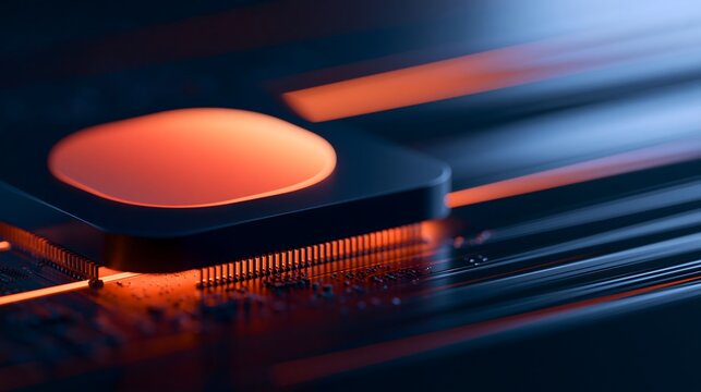 Microprocessor core glowing orange on circuit board conveying high speed data processing and futuristic computing power