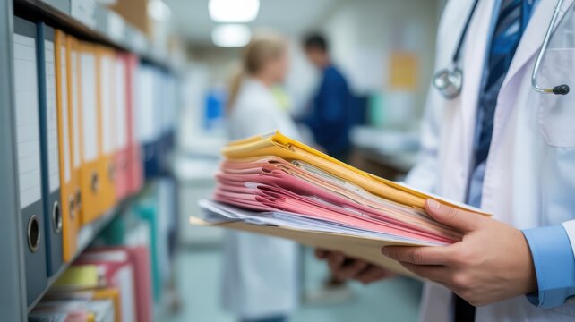 Doctor holding medical files in clinic hallway.