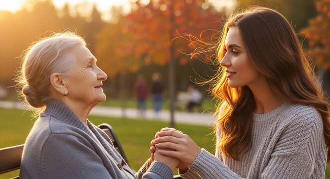 Woman and senior holding hands outdoors